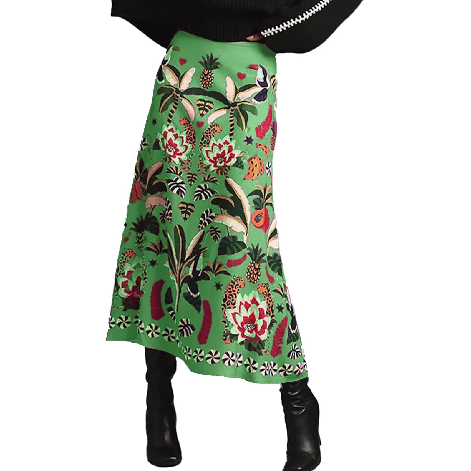 3970 Boho Rose Red Midi Skirt Fun Tropical Plant Print Flowy A Line Summer